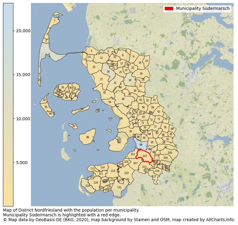 Map of District Nordfriesland with the population per municipality.Municipality Südermarsch is highlighted with a red edge.. This page shows a lot of information about residents (such as the distribution by age groups, family composition, gender, native or German with an immigration background, ...), homes (numbers, types, price development, use, type of property, ...) and more (car ownership, energy consumption, ...) based on open data from the German Federal Agency for Cartography, the Federal Statistical Office (DESTATIS), the Regional Statistical Offices and various other sources!