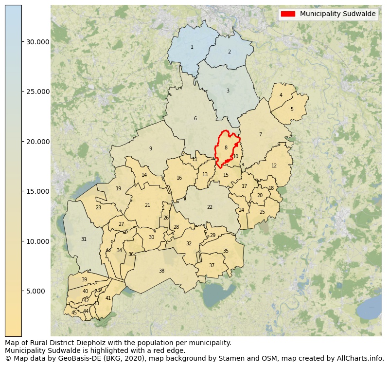 Map of Rural district Diepholz with the population per municipality.Municipality Sudwalde is highlighted with a red edge.. This page shows a lot of information about residents (such as the distribution by age groups, family composition, gender, native or German with an immigration background, ...), homes (numbers, types, price development, use, type of property, ...) and more (car ownership, energy consumption, ...) based on open data from the German Federal Agency for Cartography, the Federal Statistical Office (DESTATIS), the Regional Statistical Offices and various other sources!