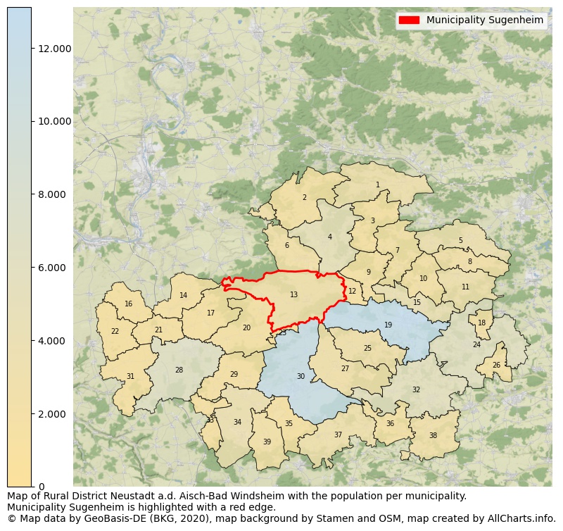 Map of Rural district Neustadt a.d. Aisch-Bad Windsheim with the population per municipality.Municipality Sugenheim is highlighted with a red edge.. This page shows a lot of information about residents (such as the distribution by age groups, family composition, gender, native or German with an immigration background, ...), homes (numbers, types, price development, use, type of property, ...) and more (car ownership, energy consumption, ...) based on open data from the German Federal Agency for Cartography, the Federal Statistical Office (DESTATIS), the Regional Statistical Offices and various other sources!