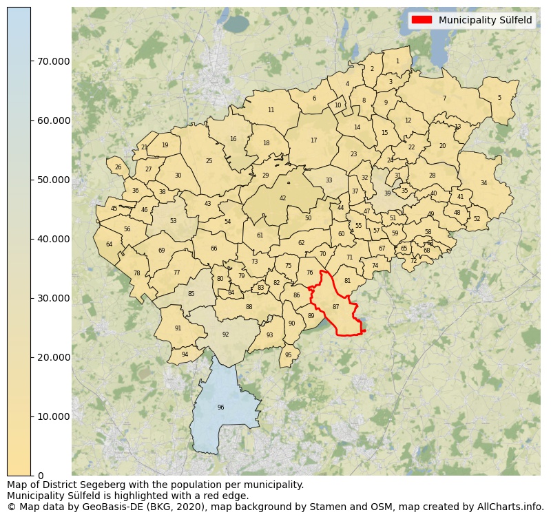 Map of District Segeberg with the population per municipality.Municipality Sülfeld is highlighted with a red edge.. This page shows a lot of information about residents (such as the distribution by age groups, family composition, gender, native or German with an immigration background, ...), homes (numbers, types, price development, use, type of property, ...) and more (car ownership, energy consumption, ...) based on open data from the German Federal Agency for Cartography, the Federal Statistical Office (DESTATIS), the Regional Statistical Offices and various other sources!