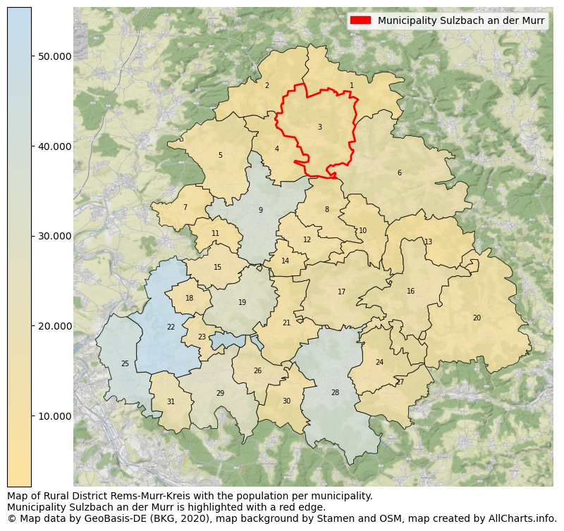 Map of Rural district Rems-Murr-Kreis with the population per municipality.Municipality Sulzbach an der Murr is highlighted with a red edge.. This page shows a lot of information about residents (such as the distribution by age groups, family composition, gender, native or German with an immigration background, ...), homes (numbers, types, price development, use, type of property, ...) and more (car ownership, energy consumption, ...) based on open data from the German Federal Agency for Cartography, the Federal Statistical Office (DESTATIS), the Regional Statistical Offices and various other sources!