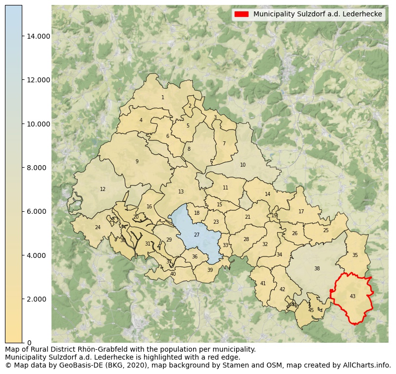 Map of Rural district Rhön-Grabfeld with the population per municipality.Municipality Sulzdorf a.d. Lederhecke is highlighted with a red edge.. This page shows a lot of information about residents (such as the distribution by age groups, family composition, gender, native or German with an immigration background, ...), homes (numbers, types, price development, use, type of property, ...) and more (car ownership, energy consumption, ...) based on open data from the German Federal Agency for Cartography, the Federal Statistical Office (DESTATIS), the Regional Statistical Offices and various other sources!