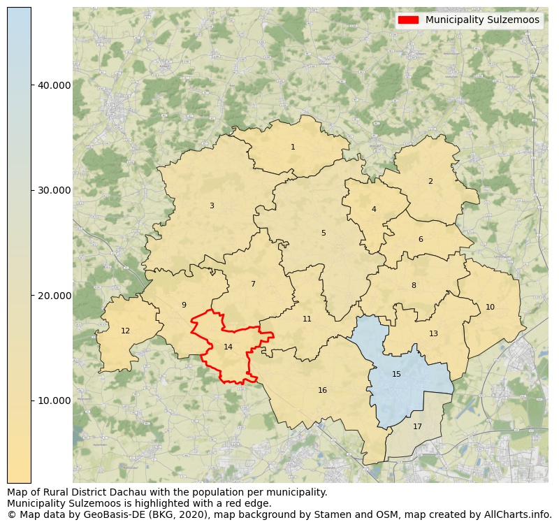 Map of Rural district Dachau with the population per municipality.Municipality Sulzemoos is highlighted with a red edge.. This page shows a lot of information about residents (such as the distribution by age groups, family composition, gender, native or German with an immigration background, ...), homes (numbers, types, price development, use, type of property, ...) and more (car ownership, energy consumption, ...) based on open data from the German Federal Agency for Cartography, the Federal Statistical Office (DESTATIS), the Regional Statistical Offices and various other sources!