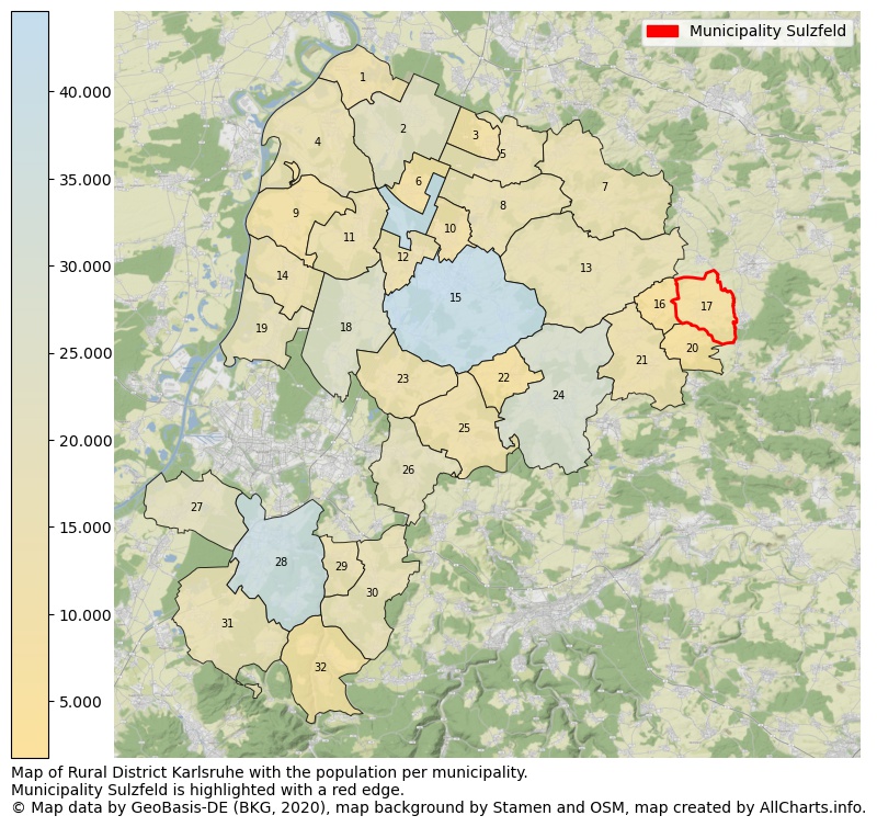 Map of Rural district Karlsruhe with the population per municipality.Municipality Sulzfeld is highlighted with a red edge.. This page shows a lot of information about residents (such as the distribution by age groups, family composition, gender, native or German with an immigration background, ...), homes (numbers, types, price development, use, type of property, ...) and more (car ownership, energy consumption, ...) based on open data from the German Federal Agency for Cartography, the Federal Statistical Office (DESTATIS), the Regional Statistical Offices and various other sources!
