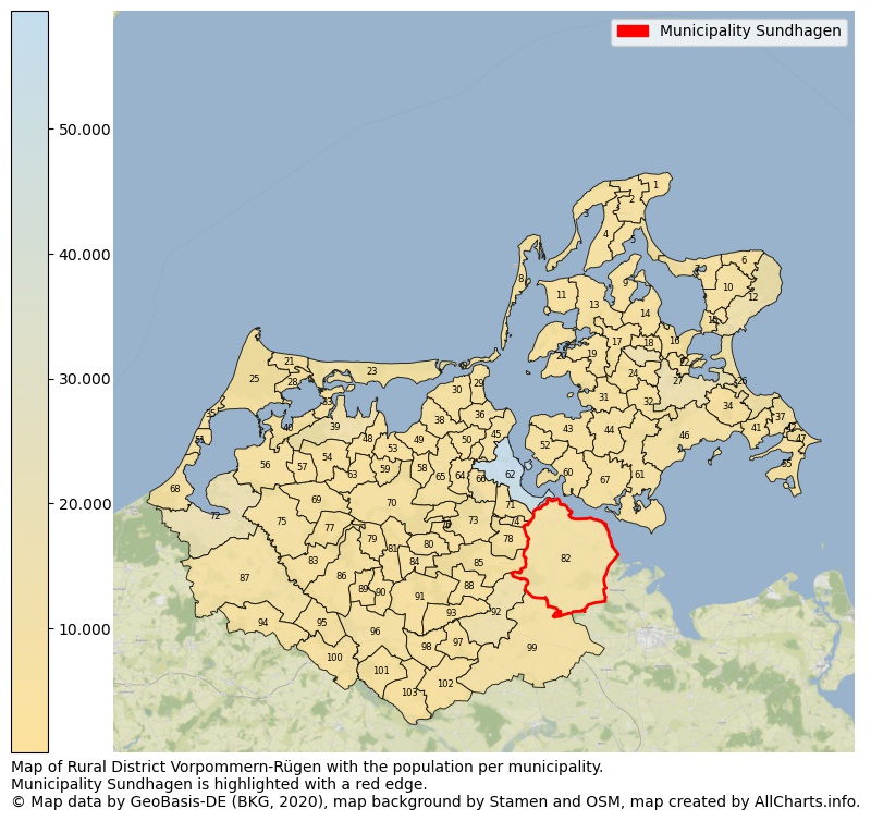 Map of Rural district Vorpommern-Rügen with the population per municipality.Municipality Sundhagen is highlighted with a red edge.. This page shows a lot of information about residents (such as the distribution by age groups, family composition, gender, native or German with an immigration background, ...), homes (numbers, types, price development, use, type of property, ...) and more (car ownership, energy consumption, ...) based on open data from the German Federal Agency for Cartography, the Federal Statistical Office (DESTATIS), the Regional Statistical Offices and various other sources!