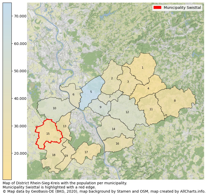 Map of District Rhein-Sieg-Kreis with the population per municipality.Municipality Swisttal is highlighted with a red edge.. This page shows a lot of information about residents (such as the distribution by age groups, family composition, gender, native or German with an immigration background, ...), homes (numbers, types, price development, use, type of property, ...) and more (car ownership, energy consumption, ...) based on open data from the German Federal Agency for Cartography, the Federal Statistical Office (DESTATIS), the Regional Statistical Offices and various other sources!