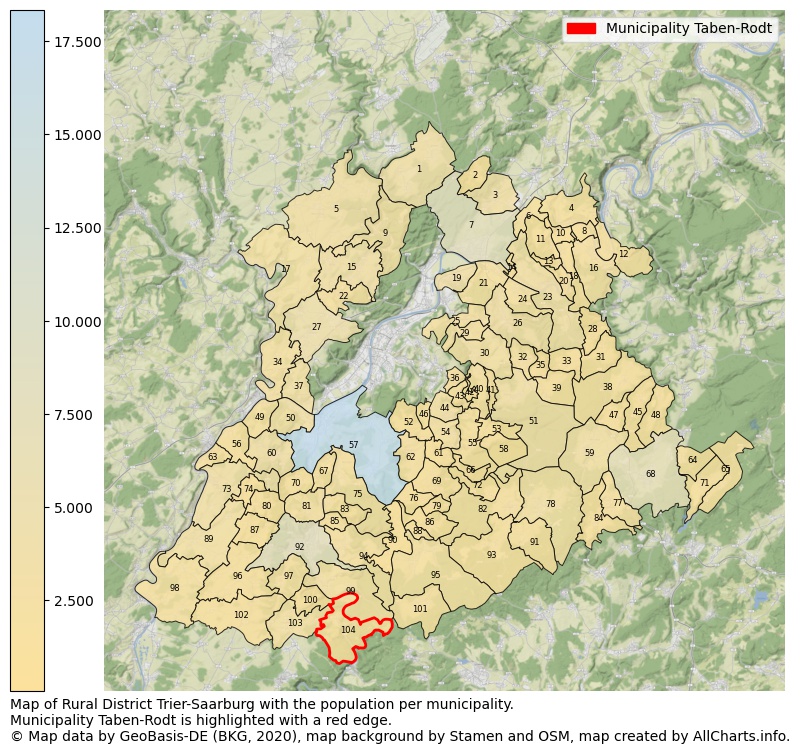 Map of Rural district Trier-Saarburg with the population per municipality.Municipality Taben-Rodt is highlighted with a red edge.. This page shows a lot of information about residents (such as the distribution by age groups, family composition, gender, native or German with an immigration background, ...), homes (numbers, types, price development, use, type of property, ...) and more (car ownership, energy consumption, ...) based on open data from the German Federal Agency for Cartography, the Federal Statistical Office (DESTATIS), the Regional Statistical Offices and various other sources!