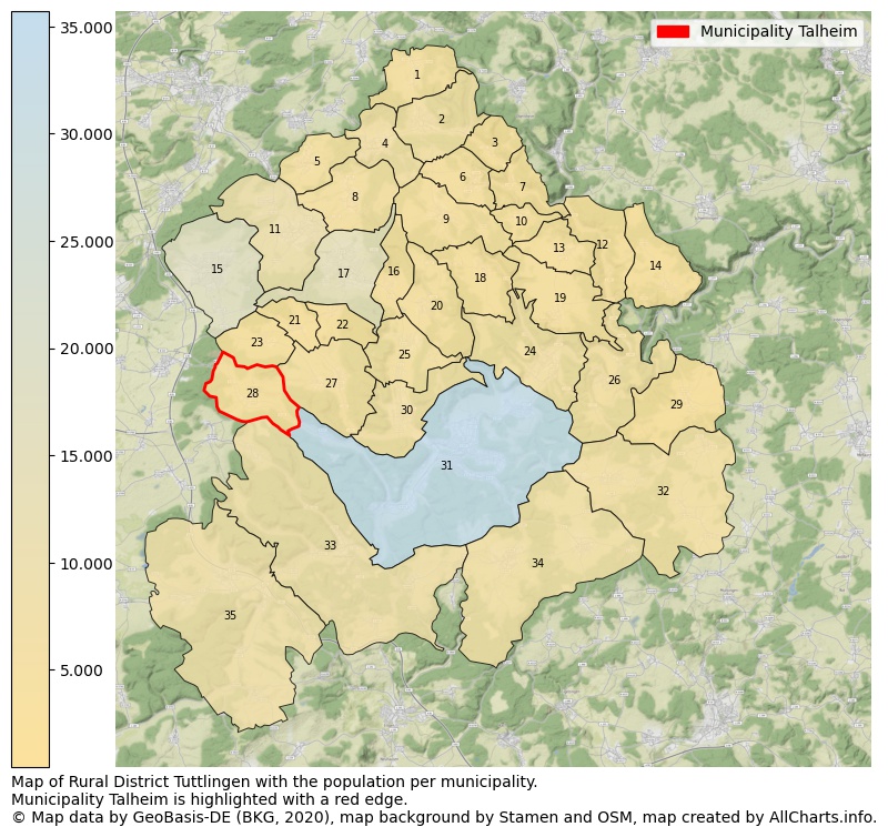 Map of Rural district Tuttlingen with the population per municipality.Municipality Talheim is highlighted with a red edge.. This page shows a lot of information about residents (such as the distribution by age groups, family composition, gender, native or German with an immigration background, ...), homes (numbers, types, price development, use, type of property, ...) and more (car ownership, energy consumption, ...) based on open data from the German Federal Agency for Cartography, the Federal Statistical Office (DESTATIS), the Regional Statistical Offices and various other sources!