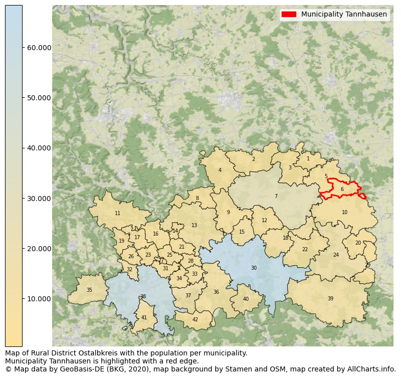Map of Rural district Ostalbkreis with the population per municipality.Municipality Tannhausen is highlighted with a red edge.. This page shows a lot of information about residents (such as the distribution by age groups, family composition, gender, native or German with an immigration background, ...), homes (numbers, types, price development, use, type of property, ...) and more (car ownership, energy consumption, ...) based on open data from the German Federal Agency for Cartography, the Federal Statistical Office (DESTATIS), the Regional Statistical Offices and various other sources!