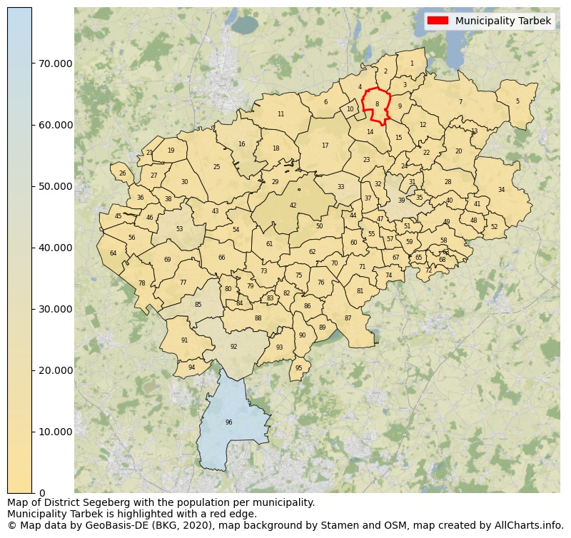 Map of District Segeberg with the population per municipality.Municipality Tarbek is highlighted with a red edge.. This page shows a lot of information about residents (such as the distribution by age groups, family composition, gender, native or German with an immigration background, ...), homes (numbers, types, price development, use, type of property, ...) and more (car ownership, energy consumption, ...) based on open data from the German Federal Agency for Cartography, the Federal Statistical Office (DESTATIS), the Regional Statistical Offices and various other sources!