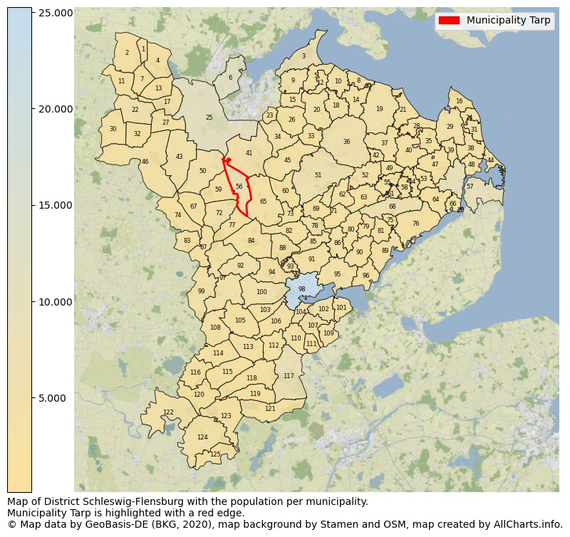 Map of District Schleswig-Flensburg with the population per municipality.Municipality Tarp is highlighted with a red edge.. This page shows a lot of information about residents (such as the distribution by age groups, family composition, gender, native or German with an immigration background, ...), homes (numbers, types, price development, use, type of property, ...) and more (car ownership, energy consumption, ...) based on open data from the German Federal Agency for Cartography, the Federal Statistical Office (DESTATIS), the Regional Statistical Offices and various other sources!