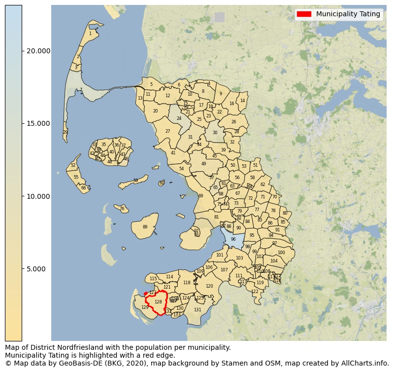 Map of District Nordfriesland with the population per municipality.Municipality Tating is highlighted with a red edge.. This page shows a lot of information about residents (such as the distribution by age groups, family composition, gender, native or German with an immigration background, ...), homes (numbers, types, price development, use, type of property, ...) and more (car ownership, energy consumption, ...) based on open data from the German Federal Agency for Cartography, the Federal Statistical Office (DESTATIS), the Regional Statistical Offices and various other sources!