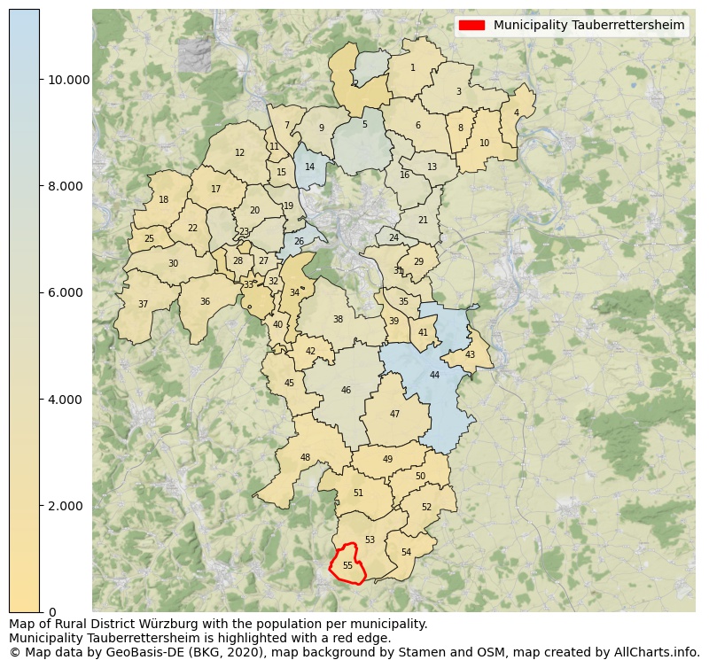 Map of Rural district Würzburg with the population per municipality.Municipality Tauberrettersheim is highlighted with a red edge.. This page shows a lot of information about residents (such as the distribution by age groups, family composition, gender, native or German with an immigration background, ...), homes (numbers, types, price development, use, type of property, ...) and more (car ownership, energy consumption, ...) based on open data from the German Federal Agency for Cartography, the Federal Statistical Office (DESTATIS), the Regional Statistical Offices and various other sources!