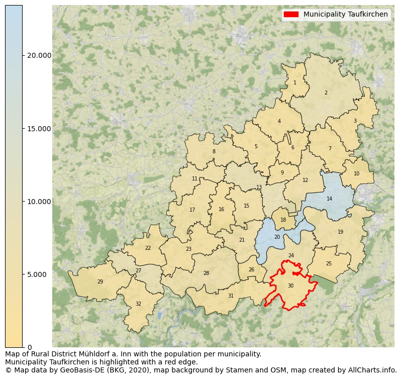 Map of Rural district Mühldorf a. Inn with the population per municipality.Municipality Taufkirchen is highlighted with a red edge.. This page shows a lot of information about residents (such as the distribution by age groups, family composition, gender, native or German with an immigration background, ...), homes (numbers, types, price development, use, type of property, ...) and more (car ownership, energy consumption, ...) based on open data from the German Federal Agency for Cartography, the Federal Statistical Office (DESTATIS), the Regional Statistical Offices and various other sources!