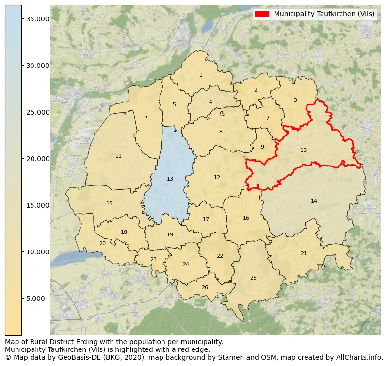 Map of Rural district Erding with the population per municipality.Municipality Taufkirchen (Vils) is highlighted with a red edge.. This page shows a lot of information about residents (such as the distribution by age groups, family composition, gender, native or German with an immigration background, ...), homes (numbers, types, price development, use, type of property, ...) and more (car ownership, energy consumption, ...) based on open data from the German Federal Agency for Cartography, the Federal Statistical Office (DESTATIS), the Regional Statistical Offices and various other sources!