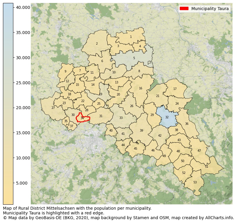 Map of Rural district Mittelsachsen with the population per municipality.Municipality Taura is highlighted with a red edge.. This page shows a lot of information about residents (such as the distribution by age groups, family composition, gender, native or German with an immigration background, ...), homes (numbers, types, price development, use, type of property, ...) and more (car ownership, energy consumption, ...) based on open data from the German Federal Agency for Cartography, the Federal Statistical Office (DESTATIS), the Regional Statistical Offices and various other sources!