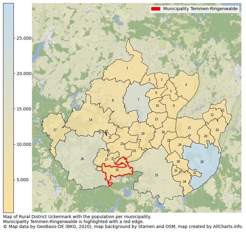 Map of Rural district Uckermark with the population per municipality.Municipality Temmen-Ringenwalde is highlighted with a red edge.. This page shows a lot of information about residents (such as the distribution by age groups, family composition, gender, native or German with an immigration background, ...), homes (numbers, types, price development, use, type of property, ...) and more (car ownership, energy consumption, ...) based on open data from the German Federal Agency for Cartography, the Federal Statistical Office (DESTATIS), the Regional Statistical Offices and various other sources!