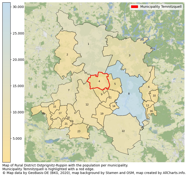 Map of Rural district Ostprignitz-Ruppin with the population per municipality.Municipality Temnitzquell is highlighted with a red edge.. This page shows a lot of information about residents (such as the distribution by age groups, family composition, gender, native or German with an immigration background, ...), homes (numbers, types, price development, use, type of property, ...) and more (car ownership, energy consumption, ...) based on open data from the German Federal Agency for Cartography, the Federal Statistical Office (DESTATIS), the Regional Statistical Offices and various other sources!