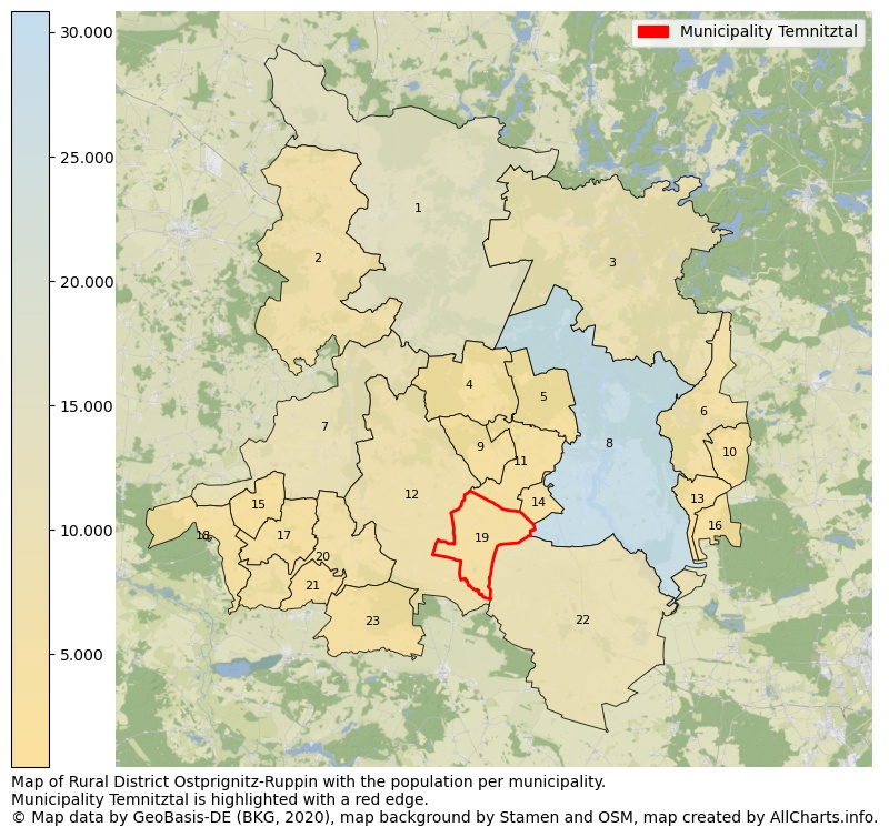 Map of Rural district Ostprignitz-Ruppin with the population per municipality.Municipality Temnitztal is highlighted with a red edge.. This page shows a lot of information about residents (such as the distribution by age groups, family composition, gender, native or German with an immigration background, ...), homes (numbers, types, price development, use, type of property, ...) and more (car ownership, energy consumption, ...) based on open data from the German Federal Agency for Cartography, the Federal Statistical Office (DESTATIS), the Regional Statistical Offices and various other sources!