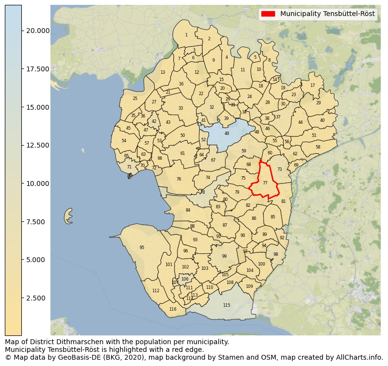 Map of District Dithmarschen with the population per municipality.Municipality Tensbüttel-Röst is highlighted with a red edge.. This page shows a lot of information about residents (such as the distribution by age groups, family composition, gender, native or German with an immigration background, ...), homes (numbers, types, price development, use, type of property, ...) and more (car ownership, energy consumption, ...) based on open data from the German Federal Agency for Cartography, the Federal Statistical Office (DESTATIS), the Regional Statistical Offices and various other sources!