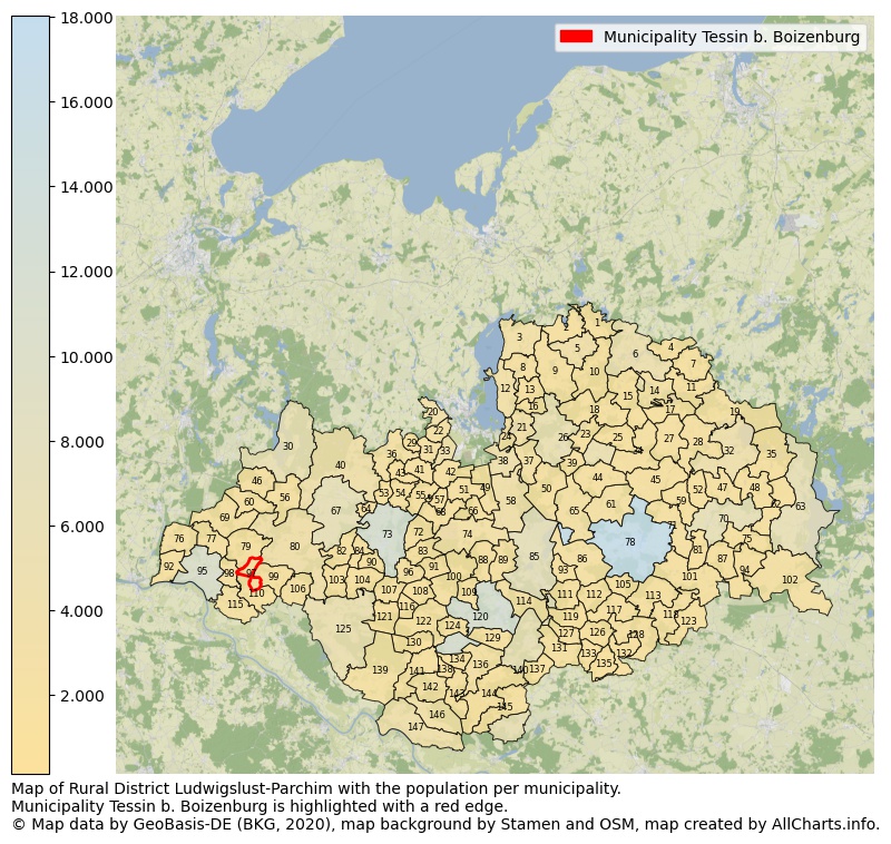 Map of Rural district Ludwigslust-Parchim with the population per municipality.Municipality Tessin b. Boizenburg is highlighted with a red edge.. This page shows a lot of information about residents (such as the distribution by age groups, family composition, gender, native or German with an immigration background, ...), homes (numbers, types, price development, use, type of property, ...) and more (car ownership, energy consumption, ...) based on open data from the German Federal Agency for Cartography, the Federal Statistical Office (DESTATIS), the Regional Statistical Offices and various other sources!