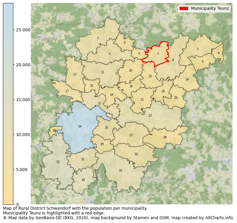 Map of Rural district Schwandorf with the population per municipality.Municipality Teunz is highlighted with a red edge.. This page shows a lot of information about residents (such as the distribution by age groups, family composition, gender, native or German with an immigration background, ...), homes (numbers, types, price development, use, type of property, ...) and more (car ownership, energy consumption, ...) based on open data from the German Federal Agency for Cartography, the Federal Statistical Office (DESTATIS), the Regional Statistical Offices and various other sources!