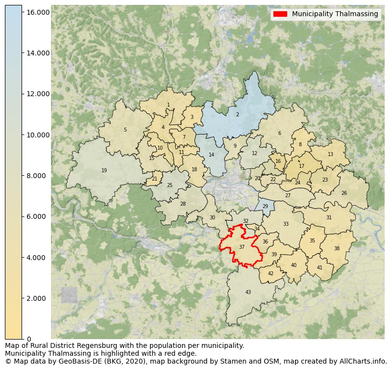 Map of Rural district Regensburg with the population per municipality.Municipality Thalmassing is highlighted with a red edge.. This page shows a lot of information about residents (such as the distribution by age groups, family composition, gender, native or German with an immigration background, ...), homes (numbers, types, price development, use, type of property, ...) and more (car ownership, energy consumption, ...) based on open data from the German Federal Agency for Cartography, the Federal Statistical Office (DESTATIS), the Regional Statistical Offices and various other sources!