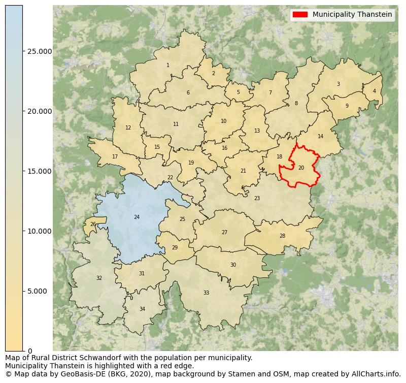 Map of Rural district Schwandorf with the population per municipality.Municipality Thanstein is highlighted with a red edge.. This page shows a lot of information about residents (such as the distribution by age groups, family composition, gender, native or German with an immigration background, ...), homes (numbers, types, price development, use, type of property, ...) and more (car ownership, energy consumption, ...) based on open data from the German Federal Agency for Cartography, the Federal Statistical Office (DESTATIS), the Regional Statistical Offices and various other sources!