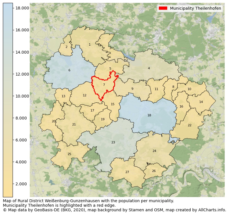 Map of Rural district Weißenburg-Gunzenhausen with the population per municipality.Municipality Theilenhofen is highlighted with a red edge.. This page shows a lot of information about residents (such as the distribution by age groups, family composition, gender, native or German with an immigration background, ...), homes (numbers, types, price development, use, type of property, ...) and more (car ownership, energy consumption, ...) based on open data from the German Federal Agency for Cartography, the Federal Statistical Office (DESTATIS), the Regional Statistical Offices and various other sources!