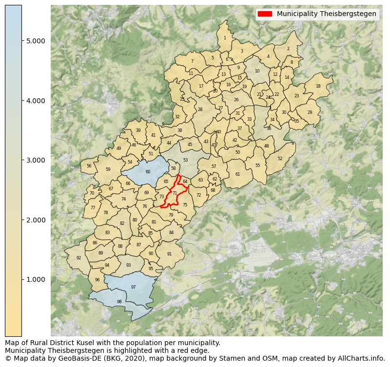 Map of Rural district Kusel with the population per municipality.Municipality Theisbergstegen is highlighted with a red edge.. This page shows a lot of information about residents (such as the distribution by age groups, family composition, gender, native or German with an immigration background, ...), homes (numbers, types, price development, use, type of property, ...) and more (car ownership, energy consumption, ...) based on open data from the German Federal Agency for Cartography, the Federal Statistical Office (DESTATIS), the Regional Statistical Offices and various other sources!