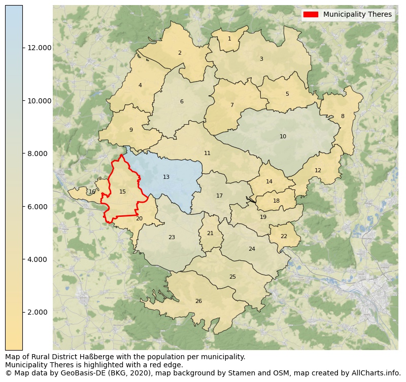 Map of Rural district Haßberge with the population per municipality.Municipality Theres is highlighted with a red edge.. This page shows a lot of information about residents (such as the distribution by age groups, family composition, gender, native or German with an immigration background, ...), homes (numbers, types, price development, use, type of property, ...) and more (car ownership, energy consumption, ...) based on open data from the German Federal Agency for Cartography, the Federal Statistical Office (DESTATIS), the Regional Statistical Offices and various other sources!