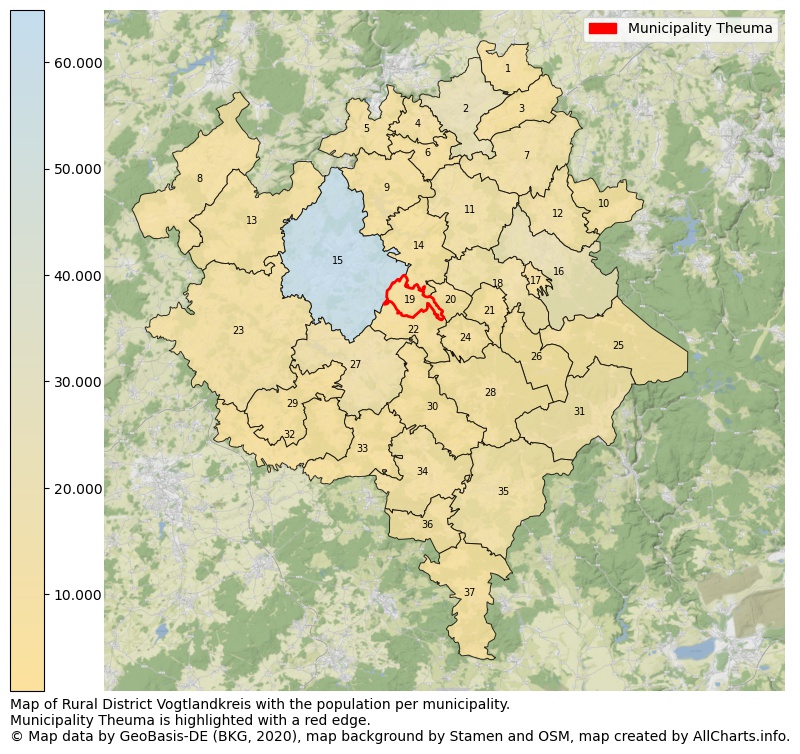 Map of Rural district Vogtlandkreis with the population per municipality.Municipality Theuma is highlighted with a red edge.. This page shows a lot of information about residents (such as the distribution by age groups, family composition, gender, native or German with an immigration background, ...), homes (numbers, types, price development, use, type of property, ...) and more (car ownership, energy consumption, ...) based on open data from the German Federal Agency for Cartography, the Federal Statistical Office (DESTATIS), the Regional Statistical Offices and various other sources!