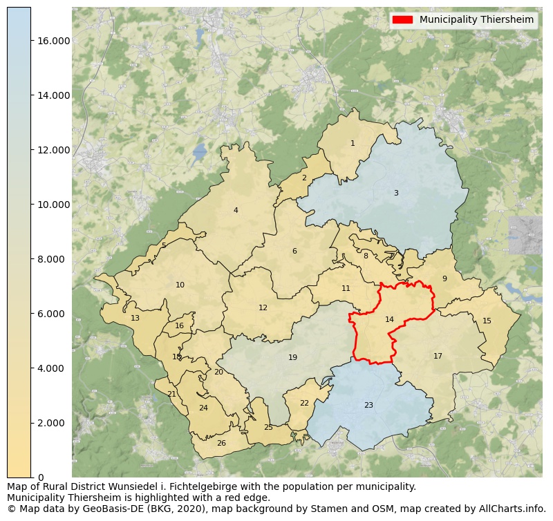 Map of Rural district Wunsiedel i. Fichtelgebirge with the population per municipality.Municipality Thiersheim is highlighted with a red edge.. This page shows a lot of information about residents (such as the distribution by age groups, family composition, gender, native or German with an immigration background, ...), homes (numbers, types, price development, use, type of property, ...) and more (car ownership, energy consumption, ...) based on open data from the German Federal Agency for Cartography, the Federal Statistical Office (DESTATIS), the Regional Statistical Offices and various other sources!