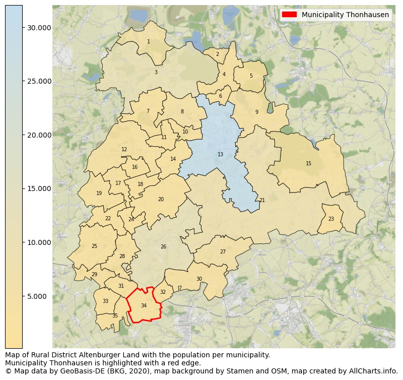 Map of Rural district Altenburger Land with the population per municipality.Municipality Thonhausen is highlighted with a red edge.. This page shows a lot of information about residents (such as the distribution by age groups, family composition, gender, native or German with an immigration background, ...), homes (numbers, types, price development, use, type of property, ...) and more (car ownership, energy consumption, ...) based on open data from the German Federal Agency for Cartography, the Federal Statistical Office (DESTATIS), the Regional Statistical Offices and various other sources!