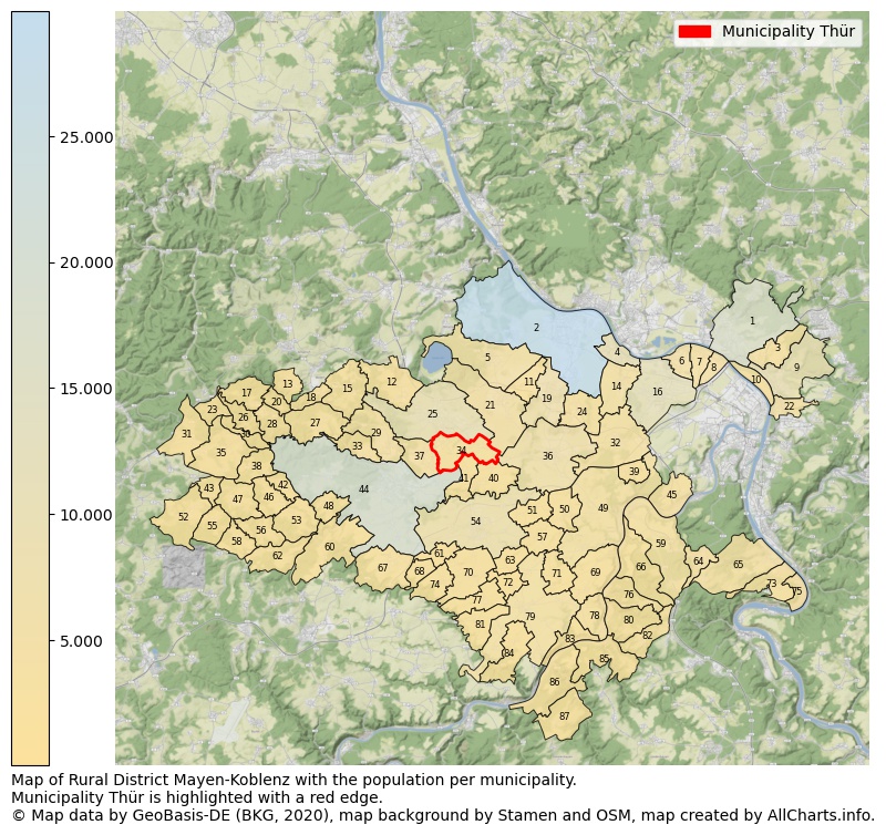 Map of Rural district Mayen-Koblenz with the population per municipality.Municipality Thür is highlighted with a red edge.. This page shows a lot of information about residents (such as the distribution by age groups, family composition, gender, native or German with an immigration background, ...), homes (numbers, types, price development, use, type of property, ...) and more (car ownership, energy consumption, ...) based on open data from the German Federal Agency for Cartography, the Federal Statistical Office (DESTATIS), the Regional Statistical Offices and various other sources!