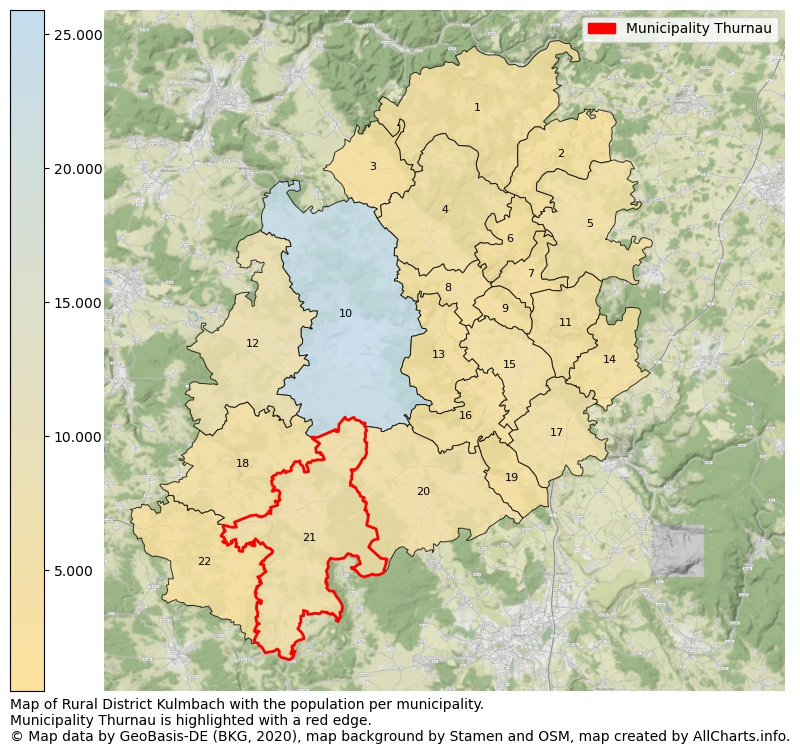 Map of Rural district Kulmbach with the population per municipality.Municipality Thurnau is highlighted with a red edge.. This page shows a lot of information about residents (such as the distribution by age groups, family composition, gender, native or German with an immigration background, ...), homes (numbers, types, price development, use, type of property, ...) and more (car ownership, energy consumption, ...) based on open data from the German Federal Agency for Cartography, the Federal Statistical Office (DESTATIS), the Regional Statistical Offices and various other sources!