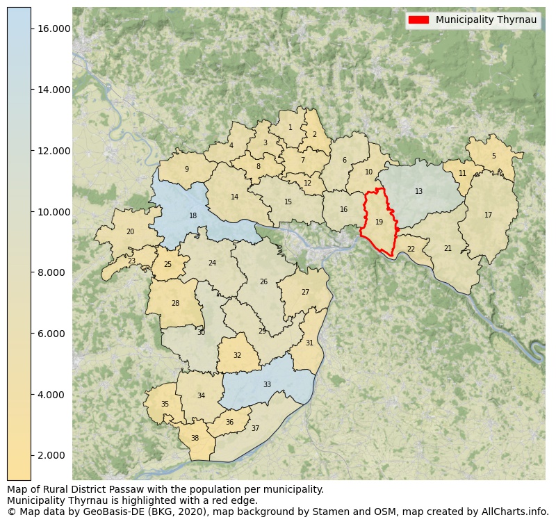 Map of Rural district Passaw with the population per municipality.Municipality Thyrnau is highlighted with a red edge.. This page shows a lot of information about residents (such as the distribution by age groups, family composition, gender, native or German with an immigration background, ...), homes (numbers, types, price development, use, type of property, ...) and more (car ownership, energy consumption, ...) based on open data from the German Federal Agency for Cartography, the Federal Statistical Office (DESTATIS), the Regional Statistical Offices and various other sources!