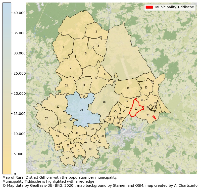 Map of Rural district Gifhorn with the population per municipality.Municipality Tiddische is highlighted with a red edge.. This page shows a lot of information about residents (such as the distribution by age groups, family composition, gender, native or German with an immigration background, ...), homes (numbers, types, price development, use, type of property, ...) and more (car ownership, energy consumption, ...) based on open data from the German Federal Agency for Cartography, the Federal Statistical Office (DESTATIS), the Regional Statistical Offices and various other sources!