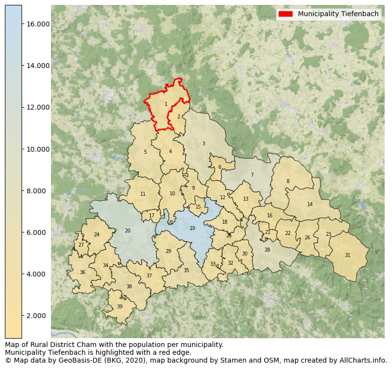 Map of Rural district Cham with the population per municipality.Municipality Tiefenbach is highlighted with a red edge.. This page shows a lot of information about residents (such as the distribution by age groups, family composition, gender, native or German with an immigration background, ...), homes (numbers, types, price development, use, type of property, ...) and more (car ownership, energy consumption, ...) based on open data from the German Federal Agency for Cartography, the Federal Statistical Office (DESTATIS), the Regional Statistical Offices and various other sources!