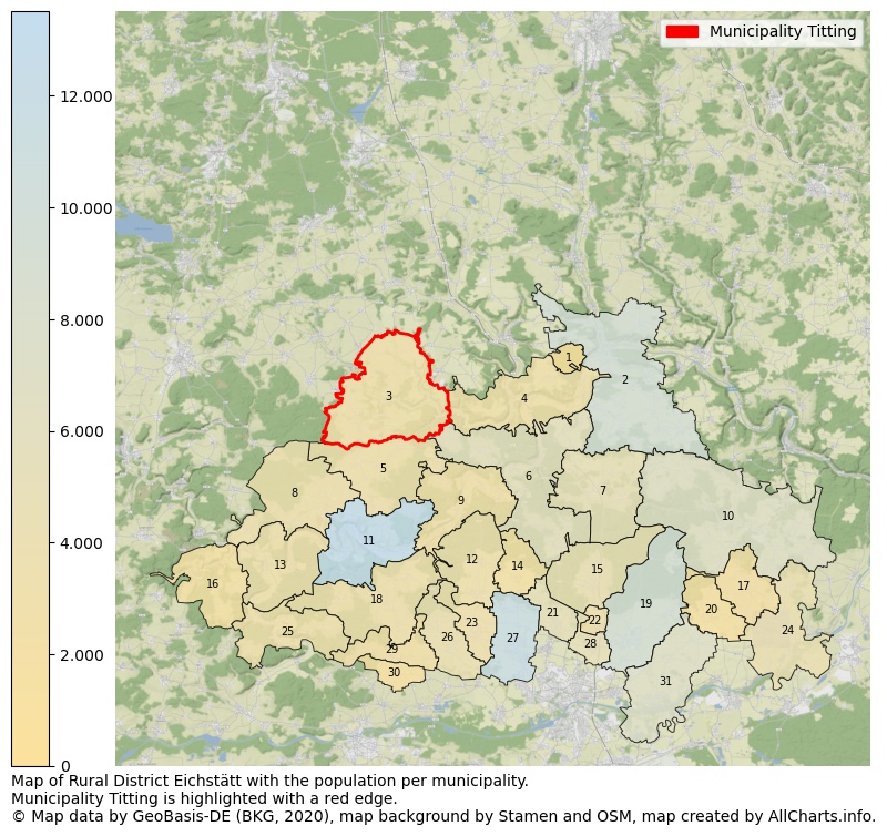 Map of Rural district Eichstätt with the population per municipality.Municipality Titting is highlighted with a red edge.. This page shows a lot of information about residents (such as the distribution by age groups, family composition, gender, native or German with an immigration background, ...), homes (numbers, types, price development, use, type of property, ...) and more (car ownership, energy consumption, ...) based on open data from the German Federal Agency for Cartography, the Federal Statistical Office (DESTATIS), the Regional Statistical Offices and various other sources!