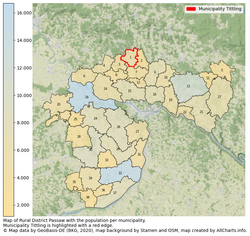 Map of Rural district Passaw with the population per municipality.Municipality Tittling is highlighted with a red edge.. This page shows a lot of information about residents (such as the distribution by age groups, family composition, gender, native or German with an immigration background, ...), homes (numbers, types, price development, use, type of property, ...) and more (car ownership, energy consumption, ...) based on open data from the German Federal Agency for Cartography, the Federal Statistical Office (DESTATIS), the Regional Statistical Offices and various other sources!