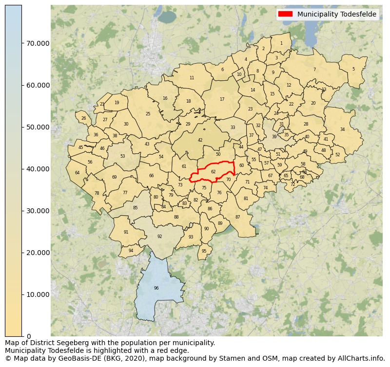 Map of District Segeberg with the population per municipality.Municipality Todesfelde is highlighted with a red edge.. This page shows a lot of information about residents (such as the distribution by age groups, family composition, gender, native or German with an immigration background, ...), homes (numbers, types, price development, use, type of property, ...) and more (car ownership, energy consumption, ...) based on open data from the German Federal Agency for Cartography, the Federal Statistical Office (DESTATIS), the Regional Statistical Offices and various other sources!
