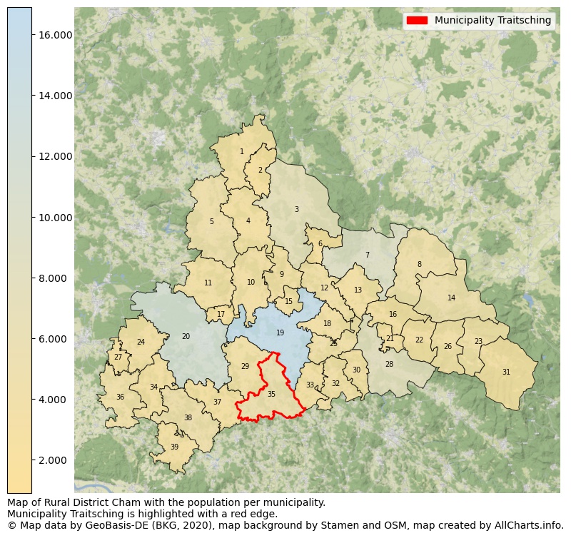 Map of Rural district Cham with the population per municipality.Municipality Traitsching is highlighted with a red edge.. This page shows a lot of information about residents (such as the distribution by age groups, family composition, gender, native or German with an immigration background, ...), homes (numbers, types, price development, use, type of property, ...) and more (car ownership, energy consumption, ...) based on open data from the German Federal Agency for Cartography, the Federal Statistical Office (DESTATIS), the Regional Statistical Offices and various other sources!