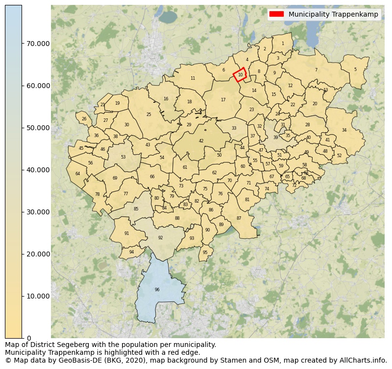 Map of District Segeberg with the population per municipality.Municipality Trappenkamp is highlighted with a red edge.. This page shows a lot of information about residents (such as the distribution by age groups, family composition, gender, native or German with an immigration background, ...), homes (numbers, types, price development, use, type of property, ...) and more (car ownership, energy consumption, ...) based on open data from the German Federal Agency for Cartography, the Federal Statistical Office (DESTATIS), the Regional Statistical Offices and various other sources!