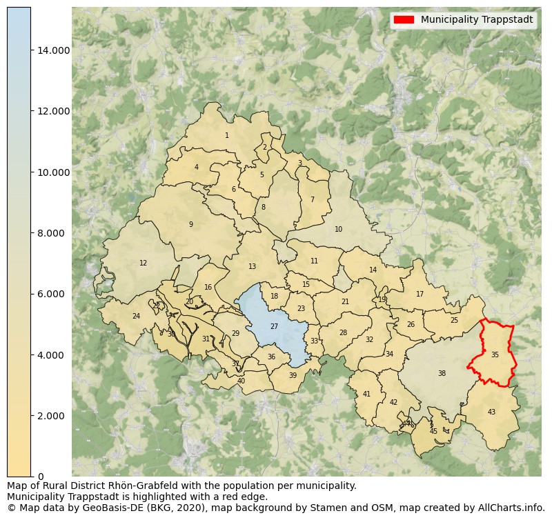 Map of Rural district Rhön-Grabfeld with the population per municipality.Municipality Trappstadt is highlighted with a red edge.. This page shows a lot of information about residents (such as the distribution by age groups, family composition, gender, native or German with an immigration background, ...), homes (numbers, types, price development, use, type of property, ...) and more (car ownership, energy consumption, ...) based on open data from the German Federal Agency for Cartography, the Federal Statistical Office (DESTATIS), the Regional Statistical Offices and various other sources!