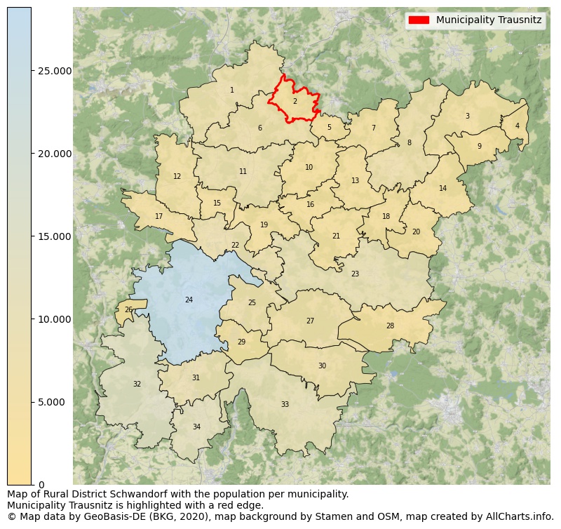 Map of Rural district Schwandorf with the population per municipality.Municipality Trausnitz is highlighted with a red edge.. This page shows a lot of information about residents (such as the distribution by age groups, family composition, gender, native or German with an immigration background, ...), homes (numbers, types, price development, use, type of property, ...) and more (car ownership, energy consumption, ...) based on open data from the German Federal Agency for Cartography, the Federal Statistical Office (DESTATIS), the Regional Statistical Offices and various other sources!