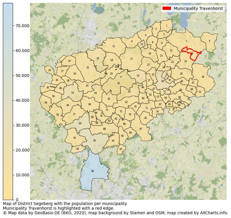 Map of District Segeberg with the population per municipality.Municipality Travenhorst is highlighted with a red edge.. This page shows a lot of information about residents (such as the distribution by age groups, family composition, gender, native or German with an immigration background, ...), homes (numbers, types, price development, use, type of property, ...) and more (car ownership, energy consumption, ...) based on open data from the German Federal Agency for Cartography, the Federal Statistical Office (DESTATIS), the Regional Statistical Offices and various other sources!