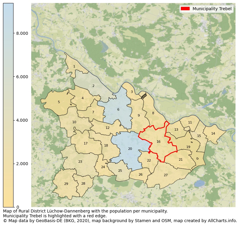 Map of Rural district Lüchow-Dannenberg with the population per municipality.Municipality Trebel is highlighted with a red edge.. This page shows a lot of information about residents (such as the distribution by age groups, family composition, gender, native or German with an immigration background, ...), homes (numbers, types, price development, use, type of property, ...) and more (car ownership, energy consumption, ...) based on open data from the German Federal Agency for Cartography, the Federal Statistical Office (DESTATIS), the Regional Statistical Offices and various other sources!