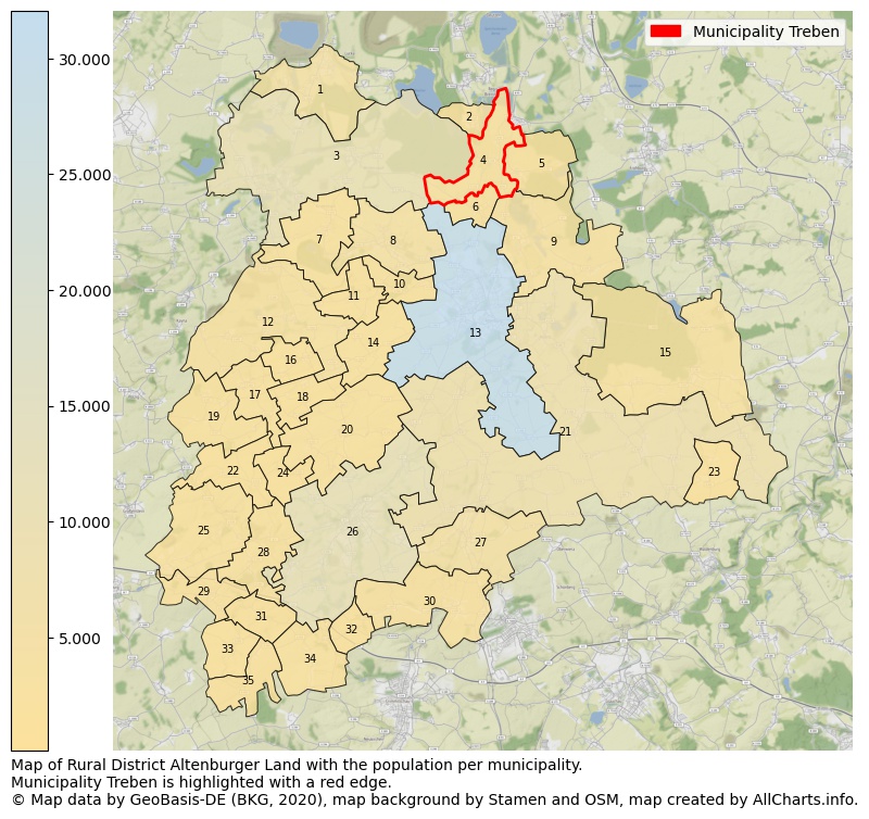 Map of Rural district Altenburger Land with the population per municipality.Municipality Treben is highlighted with a red edge.. This page shows a lot of information about residents (such as the distribution by age groups, family composition, gender, native or German with an immigration background, ...), homes (numbers, types, price development, use, type of property, ...) and more (car ownership, energy consumption, ...) based on open data from the German Federal Agency for Cartography, the Federal Statistical Office (DESTATIS), the Regional Statistical Offices and various other sources!