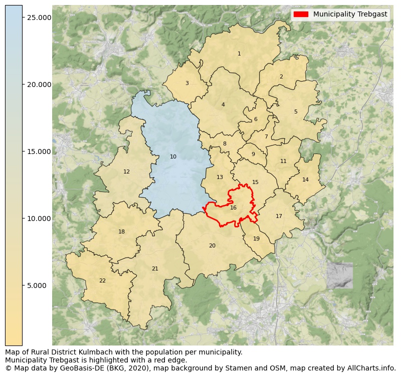 Map of Rural district Kulmbach with the population per municipality.Municipality Trebgast is highlighted with a red edge.. This page shows a lot of information about residents (such as the distribution by age groups, family composition, gender, native or German with an immigration background, ...), homes (numbers, types, price development, use, type of property, ...) and more (car ownership, energy consumption, ...) based on open data from the German Federal Agency for Cartography, the Federal Statistical Office (DESTATIS), the Regional Statistical Offices and various other sources!